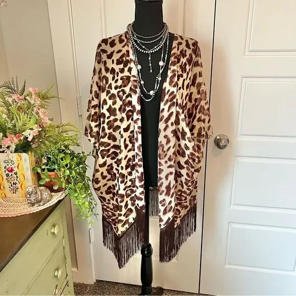 Soul Young Leopard & Floral Open Front Fringe Hem 2 Kimono Duster Blouses O/S - Picture 4 of 16